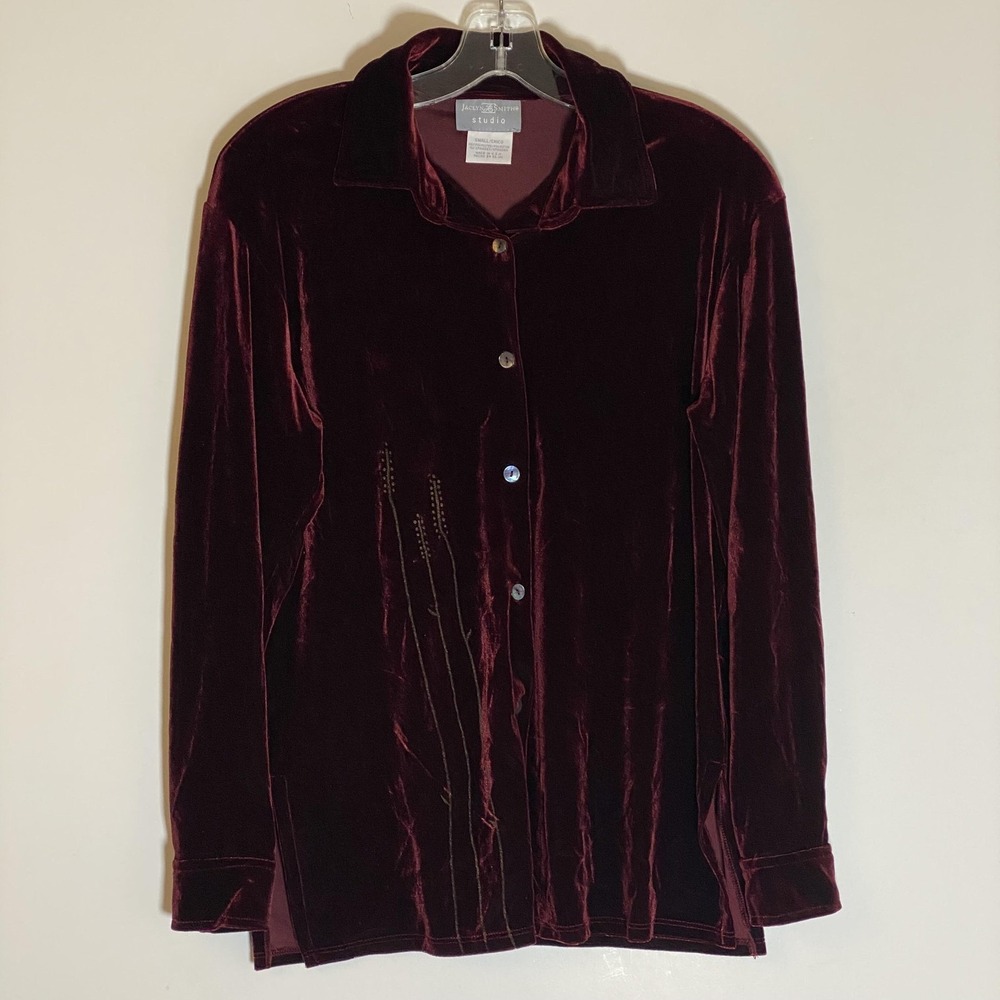 Jaclyn Smith Studio Top Womens Small Burgundy Velvet Wheat Button Front Made USA